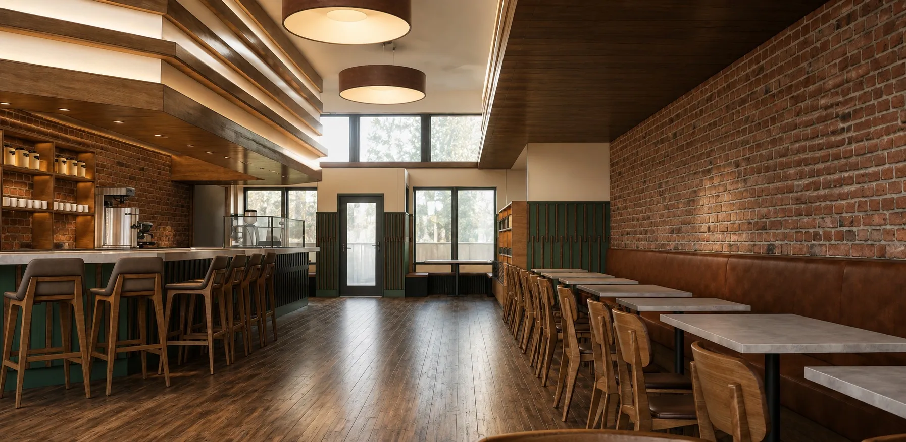 The Good Habit café interior with bar seating, booths, exposed brick and warm wood